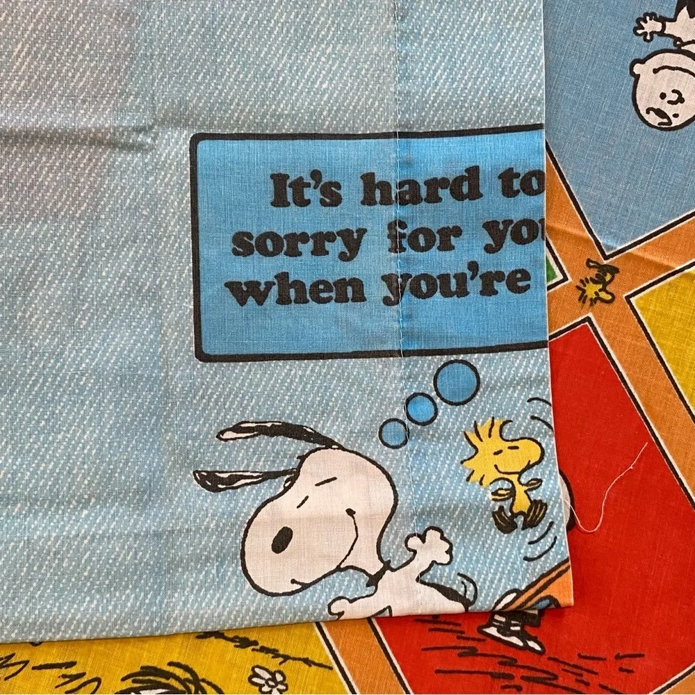 Vtg Peanuts Charlie Brown Snoopy Twin Flat Sheet & Pillow Case Colorful Quotes